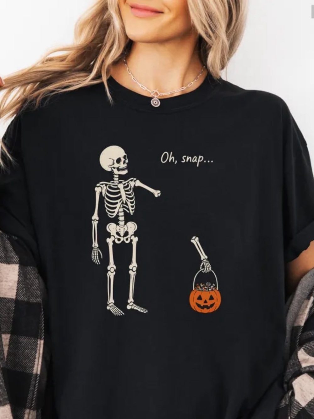 Black Halloween Skeleton 'Oh, Snap' Graphic Tee